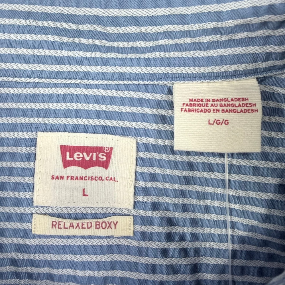 Levi's Mens L Blue White Cotton Blend Relaxed Striped Short Sleeve Shirt New - Picture 3 of 11
